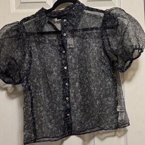 Forever 21 Black Sheer Puff Sleeve Button-Up Top